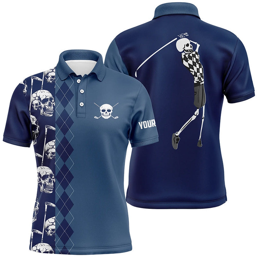 Golf Polo Shirts, Blue Navy Skull Argyle Pattern Custom Mens Golf Polo Shirts, Best Men'S Golf Wear, Custom Golf Shirts