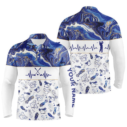Golf Polo Shirts, Blue Seamless Mens Golf Polo Shirt Personalized Heartbeat Golf Shirts For Men, Best Golf Gifts, Custom Golf Shirts