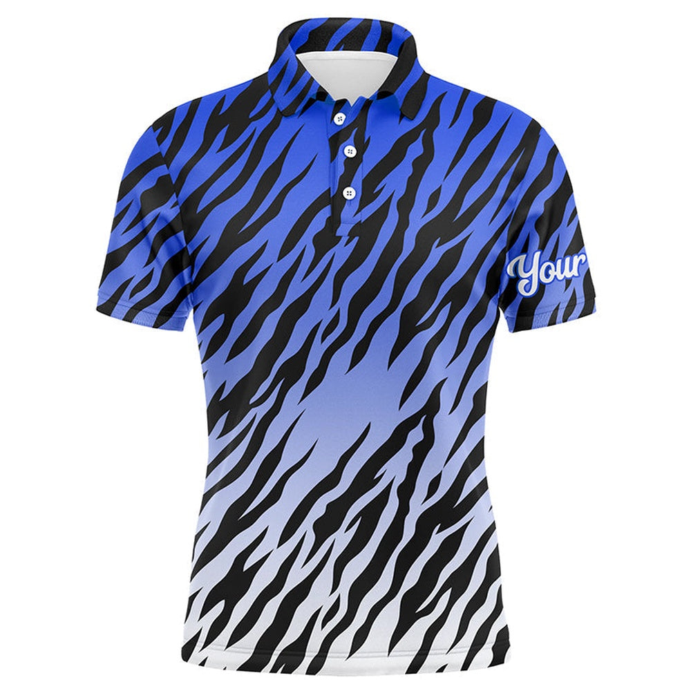 Golf Polo Shirts, Blue Tiger Stripes Pattern Mens Golf Polo Shirts Custom Golf Apparel For Men, Best Golf Gifts, Custom Golf Shirts