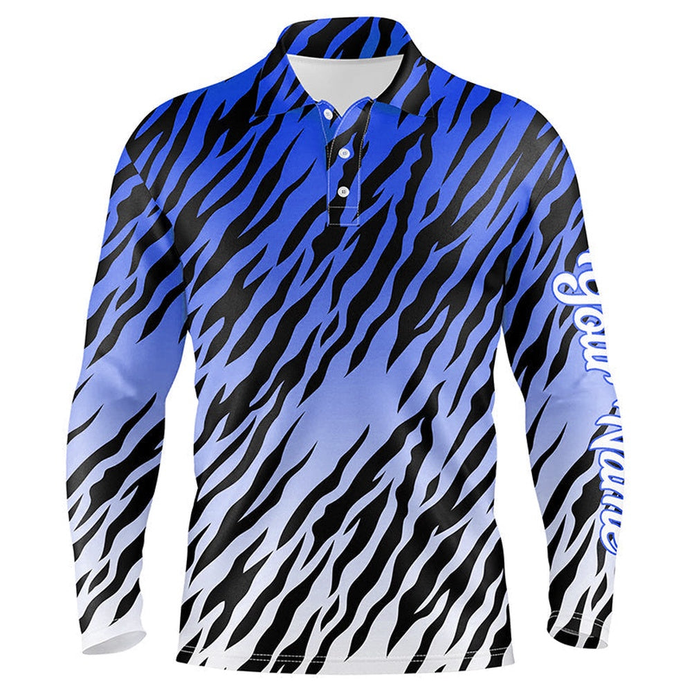 Golf Polo Shirts, Blue Tiger Stripes Pattern Mens Golf Polo Shirts Custom Golf Apparel For Men, Best Golf Gifts, Custom Golf Shirts