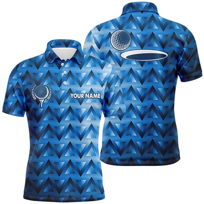 Golf Polo Shirts, Blue Triangle Pattern Mens Golf Polo Shirts Custom Golf Tops For Mens, Custom Golf Shirts