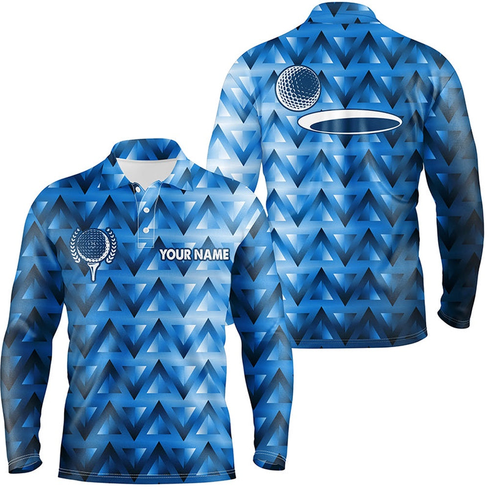 Golf Polo Shirts, Blue Triangle Pattern Mens Golf Polo Shirts Custom Golf Tops For Mens, Custom Golf Shirts