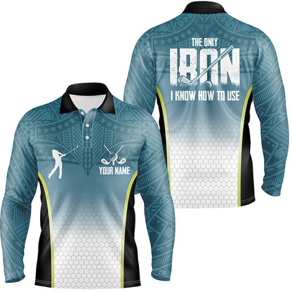 Golf Polo Shirts, Blue Tribal Pattern Mens Golf Polo Shirts Custom The Only Iron I Know How To Use Mens Golf Attire, Custom Golf Shirts