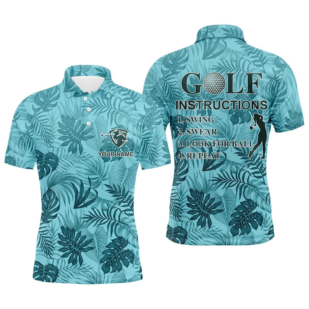 Golf Polo Shirts, Blue Tropical Plants Mens Golf Polos Shirts Custom Golf Instruction Swing Swear Look For Ball Repeat, Custom Golf Shirts
