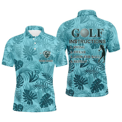 Golf Polo Shirts, Blue Tropical Plants Mens Golf Polos Shirts Custom Golf Instruction Swing Swear Look For Ball Repeat, Custom Golf Shirts