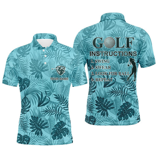 Golf Polo Shirts, Blue Tropical Plants Mens Golf Polos Shirts Custom Golf Instruction Swing Swear Look For Ball Repeat, Custom Golf Shirts