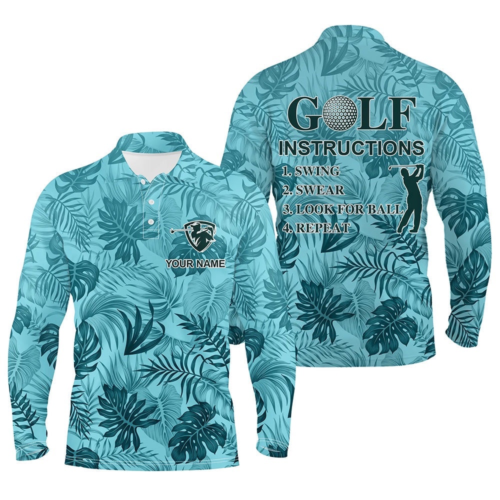Golf Polo Shirts, Blue Tropical Plants Mens Golf Polos Shirts Custom Golf Instruction Swing Swear Look For Ball Repeat, Custom Golf Shirts