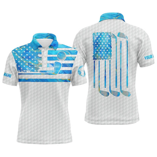 Golf Polo Shirts, Blue Watercolor American Flag Patriotic Men Golf Polo Shirts Custom Name White Golf Polo Shirt Mens, Custom Golf Shirts