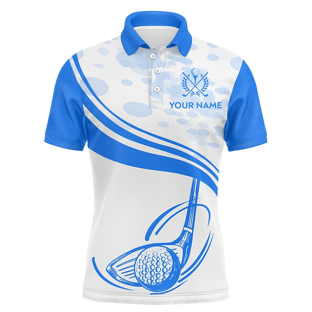 Golf Polo Shirts, Blue White Golf Ball And Club Mens Polo Shirts Custom Cool Golf Shirts For Men Golfing Gifts, Custom Golf Shirts