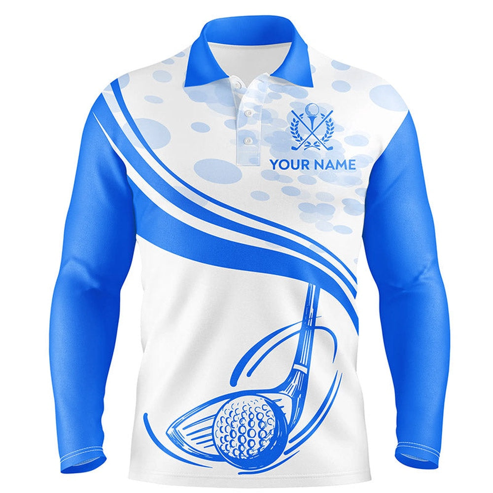 Golf Polo Shirts, Blue White Golf Ball And Club Mens Polo Shirts Custom Cool Golf Shirts For Men Golfing Gifts, Custom Golf Shirts