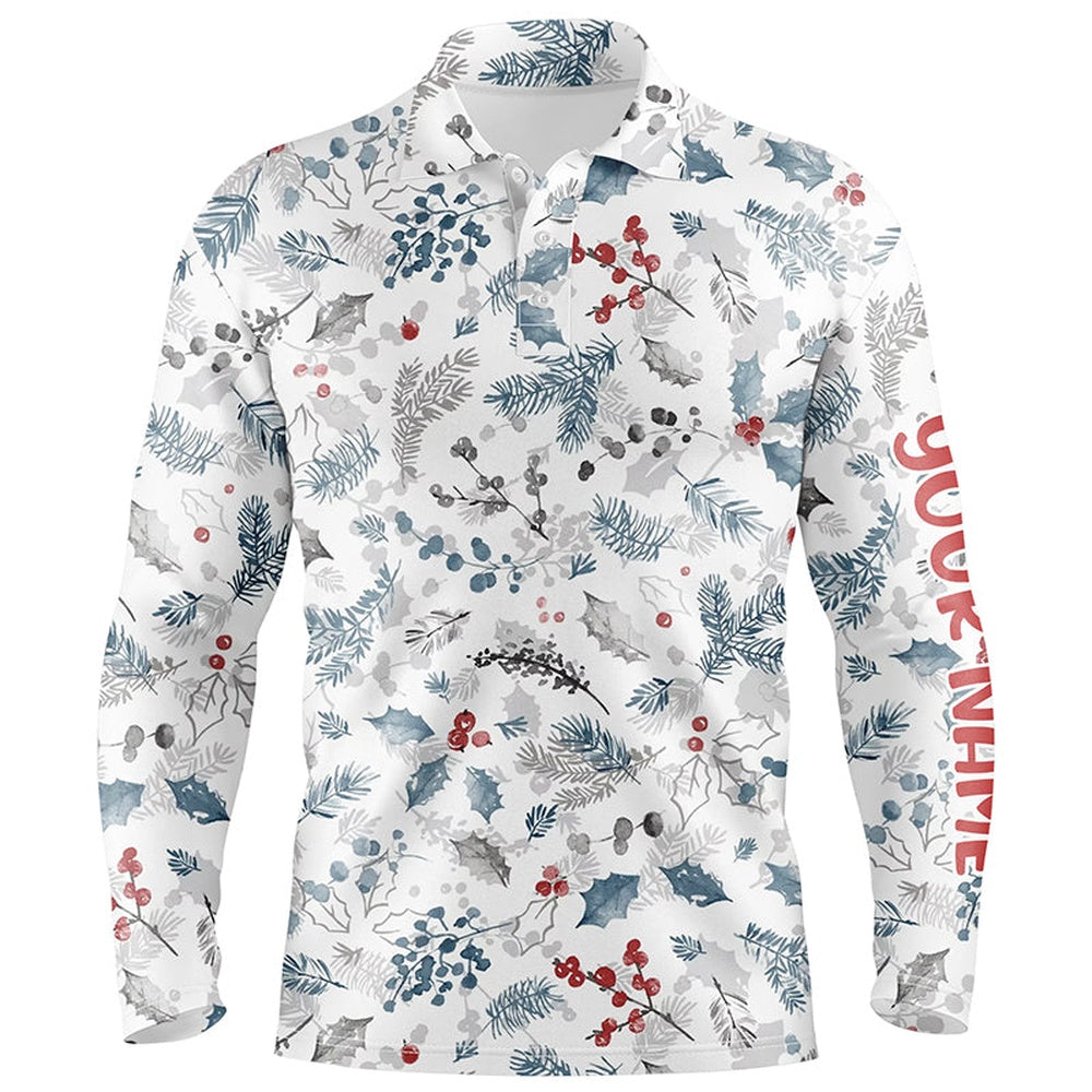 Golf Polo Shirts, Blue Winter Holly Seamless Custom Mens Golf Polo Shirts Christmas Golf Shirts For Men Golf Gifts, Custom Golf Shirts