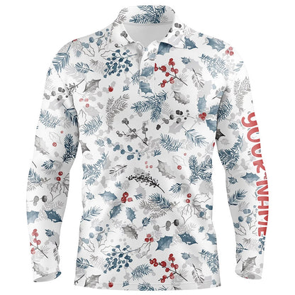 Golf Polo Shirts, Blue Winter Holly Seamless Custom Mens Golf Polo Shirts Christmas Golf Shirts For Men Golf Gifts, Custom Golf Shirts