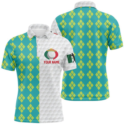 Golf Polo Shirts, Blue Yellow Argyle Pattern Mexican Flag Mens Golf Polo Shirts Patriotic Golf Shirts For Men, Custom Golf Shirts
