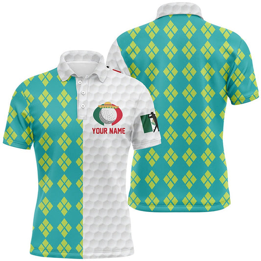 Golf Polo Shirts, Blue Yellow Argyle Pattern Mexican Flag Mens Golf Polo Shirts Patriotic Golf Shirts For Men, Custom Golf Shirts
