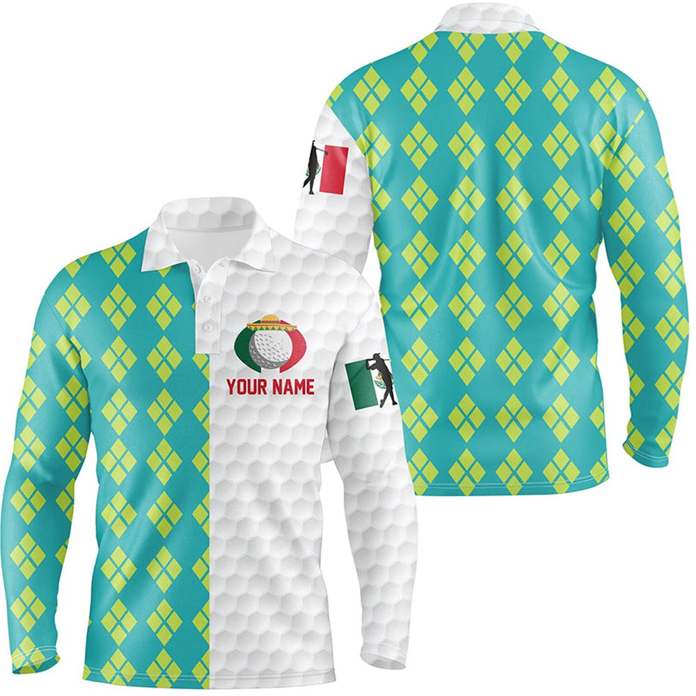 Golf Polo Shirts, Blue Yellow Argyle Pattern Mexican Flag Mens Golf Polo Shirts Patriotic Golf Shirts For Men, Custom Golf Shirts