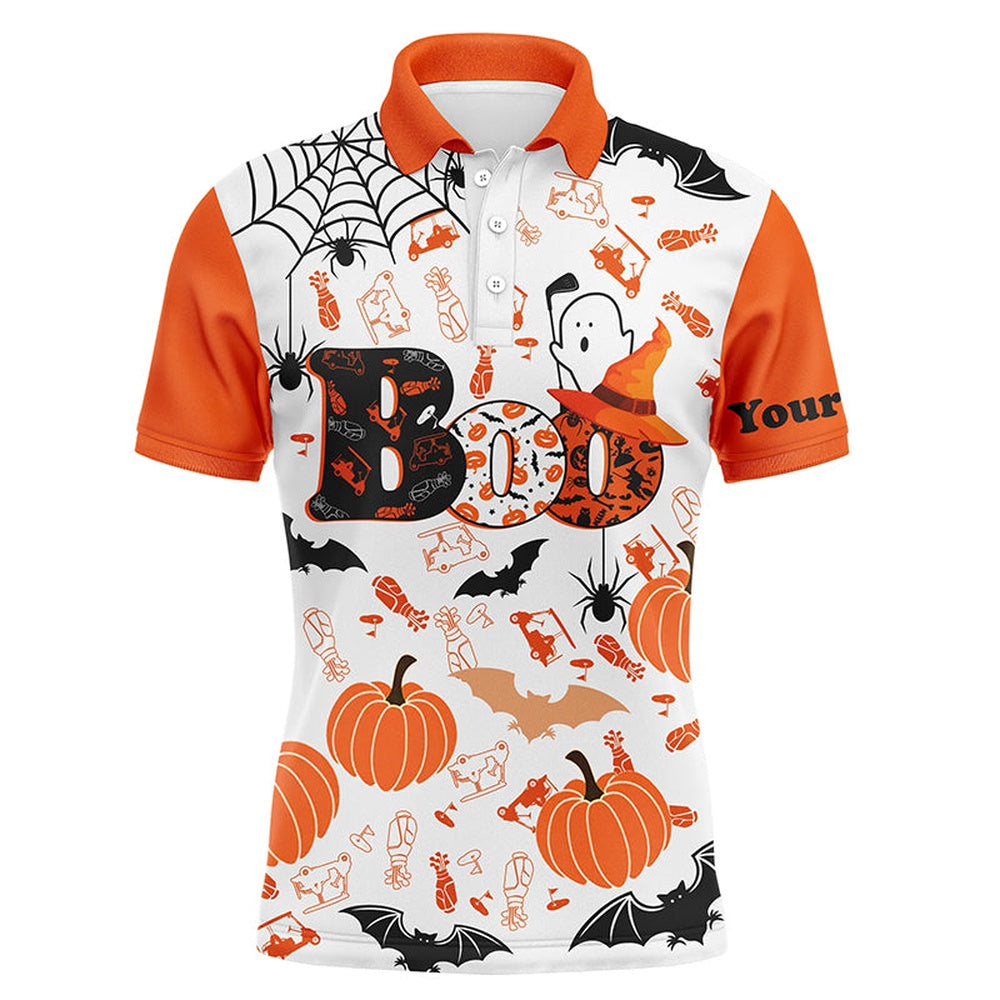Golf Polo Shirts, Boo Halloween Golf Pattern Orange Polo Shirt Custom Funny Golf Shirts For Men Golf Gifts, Custom Golf Shirts