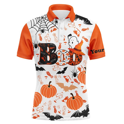 Golf Polo Shirts, Boo Halloween Golf Pattern Orange Polo Shirt Custom Funny Golf Shirts For Men Golf Gifts, Custom Golf Shirts