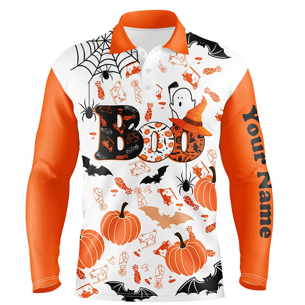 Golf Polo Shirts, Boo Halloween Golf Pattern Orange Polo Shirt Custom Funny Golf Shirts For Men Golf Gifts, Custom Golf Shirts
