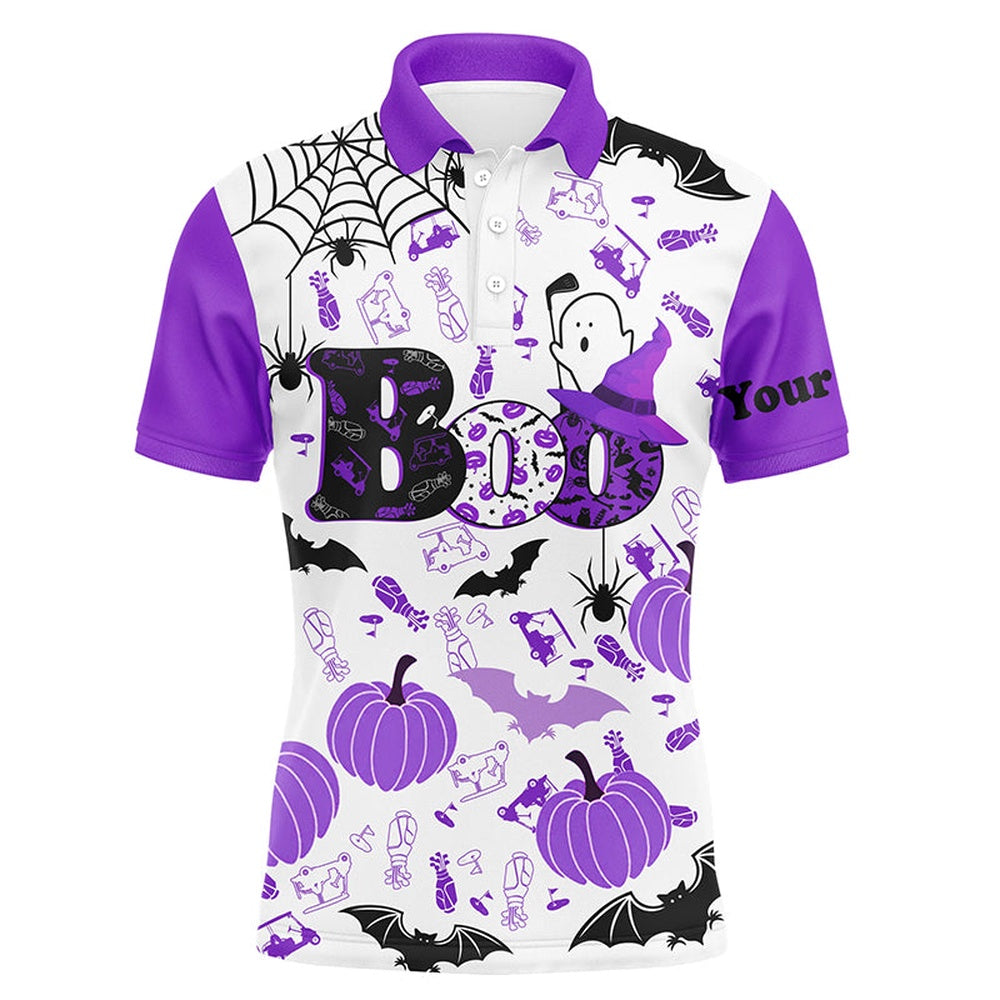 Golf Polo Shirts, Boo Halloween Golf Pattern Purple Mens Polo Shirt Custom Funny Golf Shirts For Men Golf Gifts, Custom Golf Shirts
