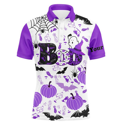Golf Polo Shirts, Boo Halloween Golf Pattern Purple Mens Polo Shirt Custom Funny Golf Shirts For Men Golf Gifts, Custom Golf Shirts