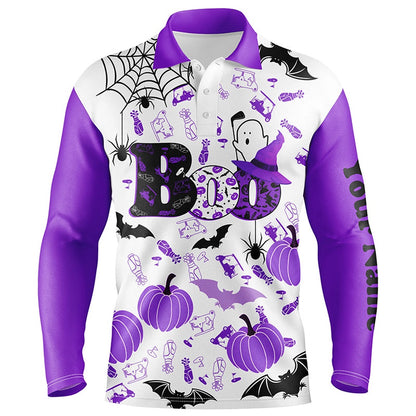 Golf Polo Shirts, Boo Halloween Golf Pattern Purple Mens Polo Shirt Custom Funny Golf Shirts For Men Golf Gifts, Custom Golf Shirts
