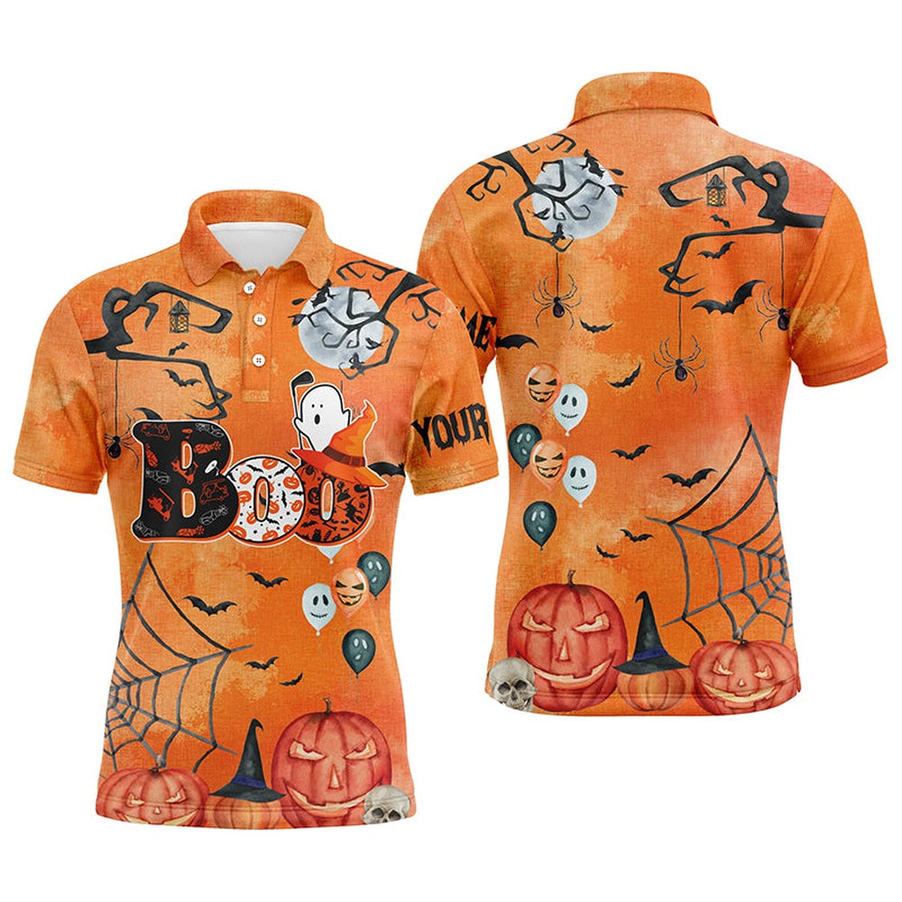 Golf Polo Shirts, Boo Halloween Seamless Orange Mens Golf Polo Shirt Custom Funny Golf Shirts For Men Golf Gifts, Custom Golf Shirts