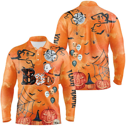 Golf Polo Shirts, Boo Halloween Seamless Orange Mens Golf Polo Shirt Custom Funny Golf Shirts For Men Golf Gifts, Custom Golf Shirts