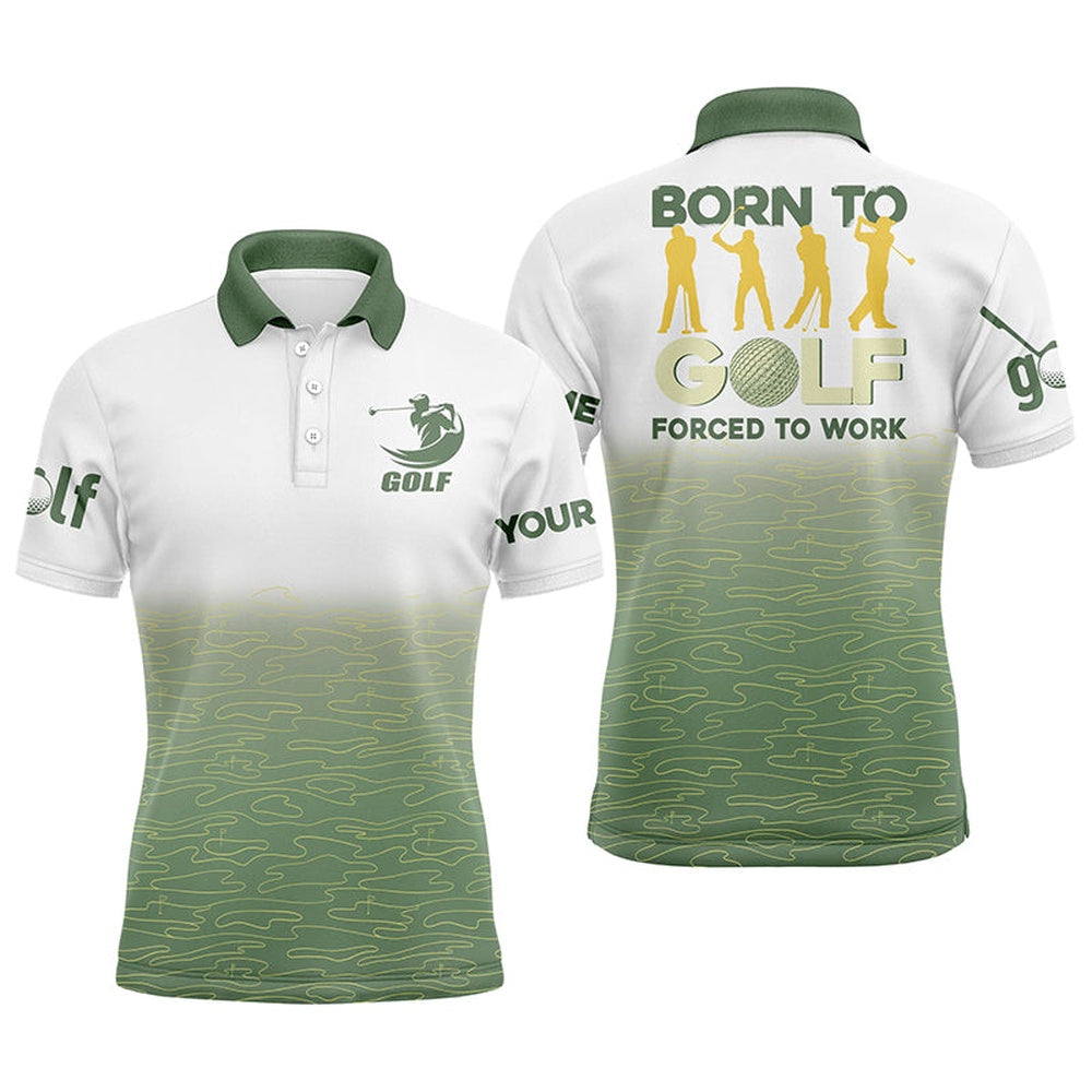 Golf Polo Shirts, Born To Golf Forced To Work Mens Golf Polo Shirts Green Pattern Golf Shirts Custom Golf Polos For Men, Custom Golf Shirts