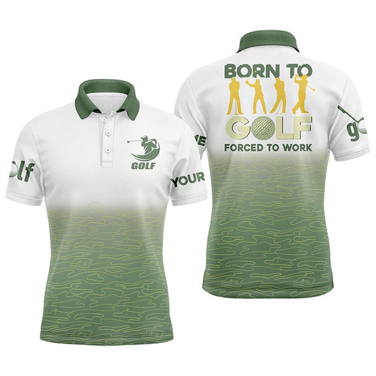 Golf Polo Shirts, Born To Golf Forced To Work Mens Golf Polo Shirts Green Pattern Golf Shirts Custom Golf Polos For Men, Custom Golf Shirts