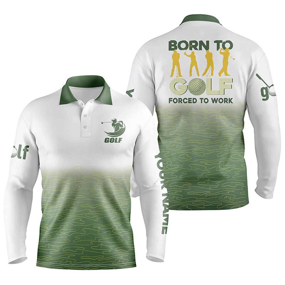Golf Polo Shirts, Born To Golf Forced To Work Mens Golf Polo Shirts Green Pattern Golf Shirts Custom Golf Polos For Men, Custom Golf Shirts