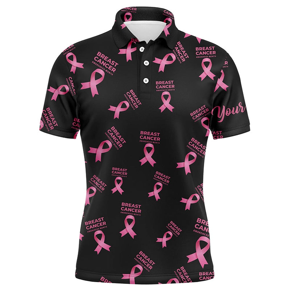 Golf Polo Shirts, Breast Cancer Awareness Pink Ribbon Mens Golf Polo Shirt Custom Name Golf Tops For Men, Custom Golf Shirts