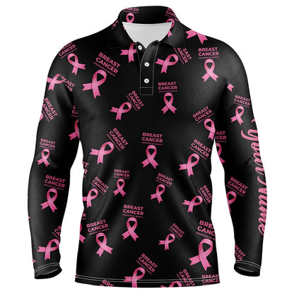 Golf Polo Shirts, Breast Cancer Awareness Pink Ribbon Mens Golf Polo Shirt Custom Name Golf Tops For Men, Custom Golf Shirts