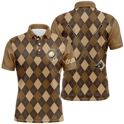 Golf Polo Shirts, Brown Argyle Mens Golf Polo Shirts Custom Name Golf Outfit Men, Custom Golf Shirts