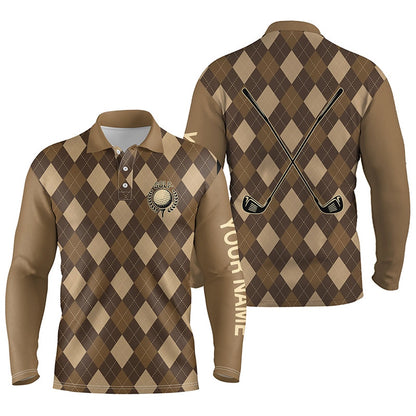 Golf Polo Shirts, Brown Argyle Mens Golf Polo Shirts Custom Name Golf Outfit Men, Custom Golf Shirts