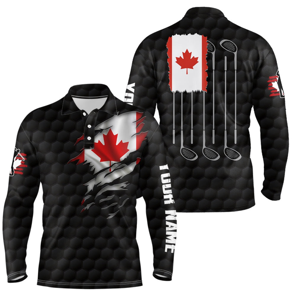Golf Polo Shirts, Canada Flag Black Mens Golf Polo Shirt Red Maple Leaf Golf Tops For Men Patriotic Golf Gifts, Custom Golf Shirts