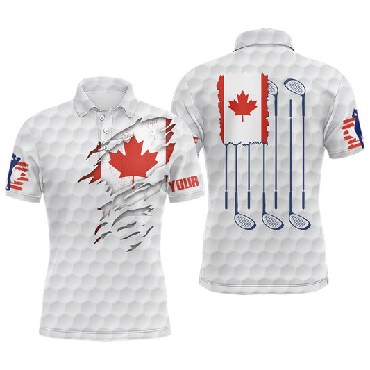 Golf Polo Shirts, Canada Flag Golf Pattern Mens Polo Shirt Red Maple Leaf Golf Shirts For Men Patriotic Golf Gifts, Custom Golf Shirts