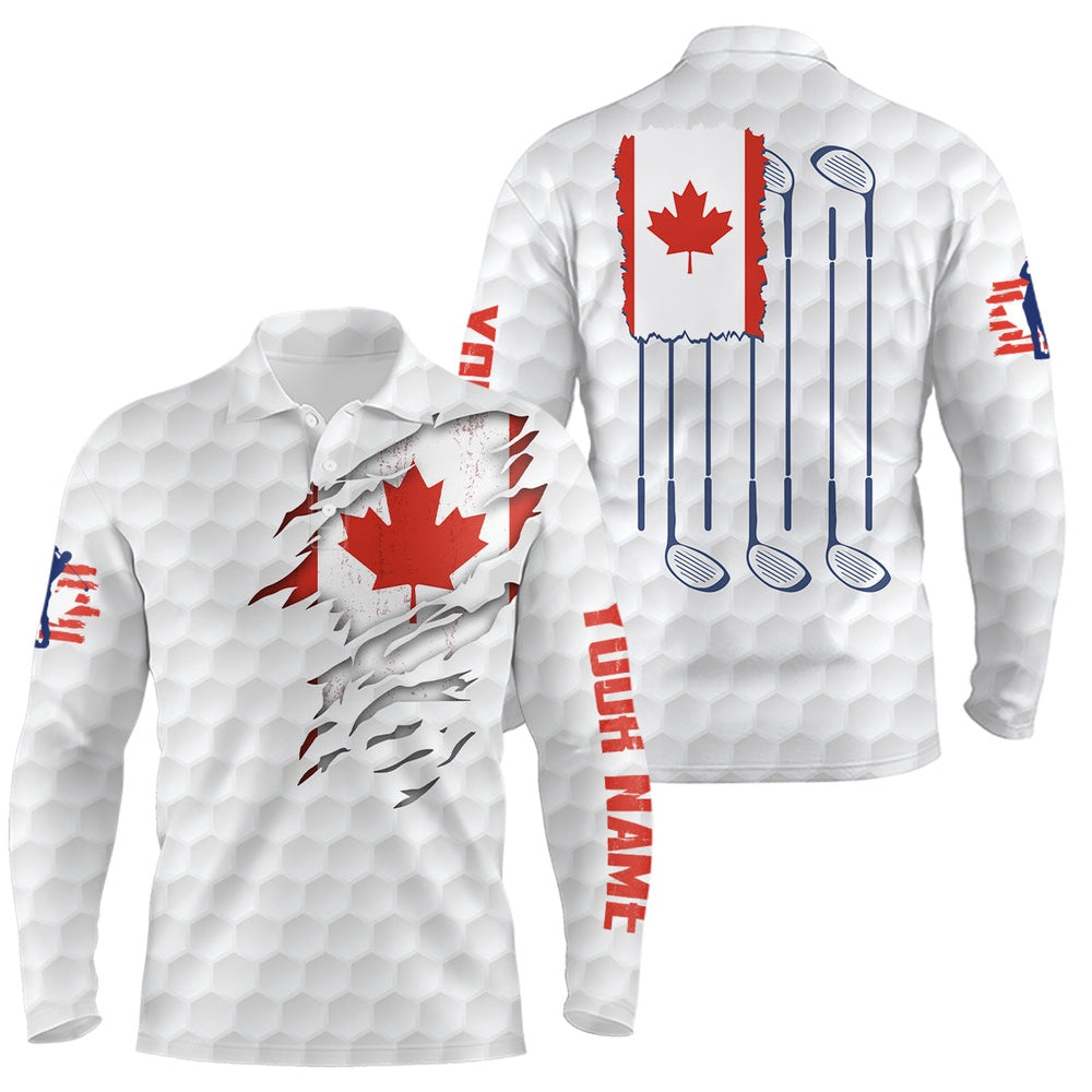Golf Polo Shirts, Canada Flag Golf Pattern Mens Polo Shirt Red Maple Leaf Golf Shirts For Men Patriotic Golf Gifts, Custom Golf Shirts