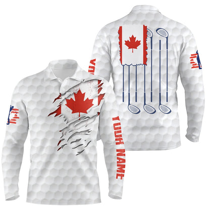 Golf Polo Shirts, Canada Flag Golf Pattern Mens Polo Shirt Red Maple Leaf Golf Shirts For Men Patriotic Golf Gifts, Custom Golf Shirts