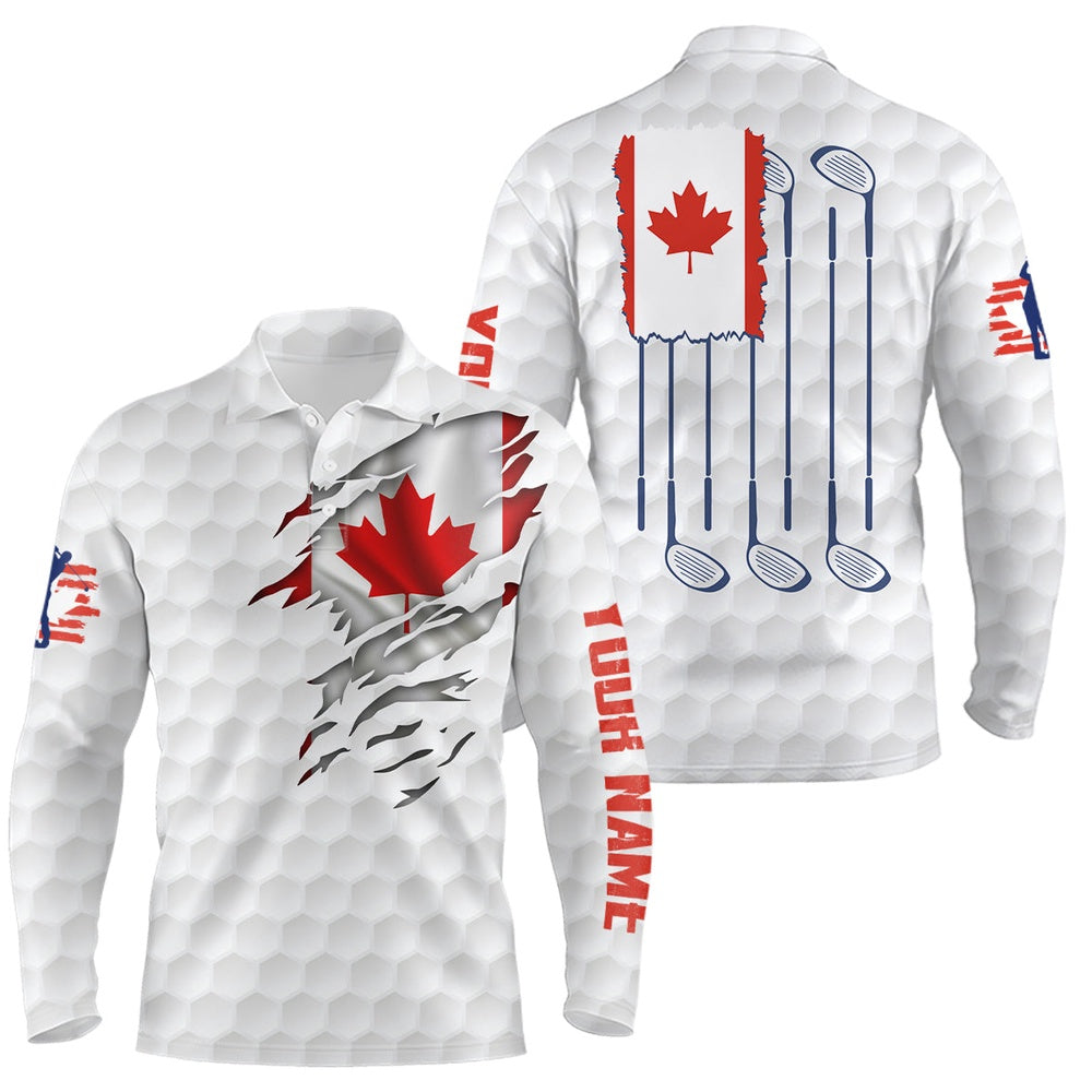 Golf Polo Shirts, Canada Flag Golf Pattern Mens Polo Shirt Red Maple Leaf Golf Tops For Men Patriotic Golf Gifts, Custom Golf Shirts