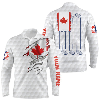 Golf Polo Shirts, Canada Flag Golf Pattern Mens Polo Shirt Red Maple Leaf Golf Tops For Men Patriotic Golf Gifts, Custom Golf Shirts