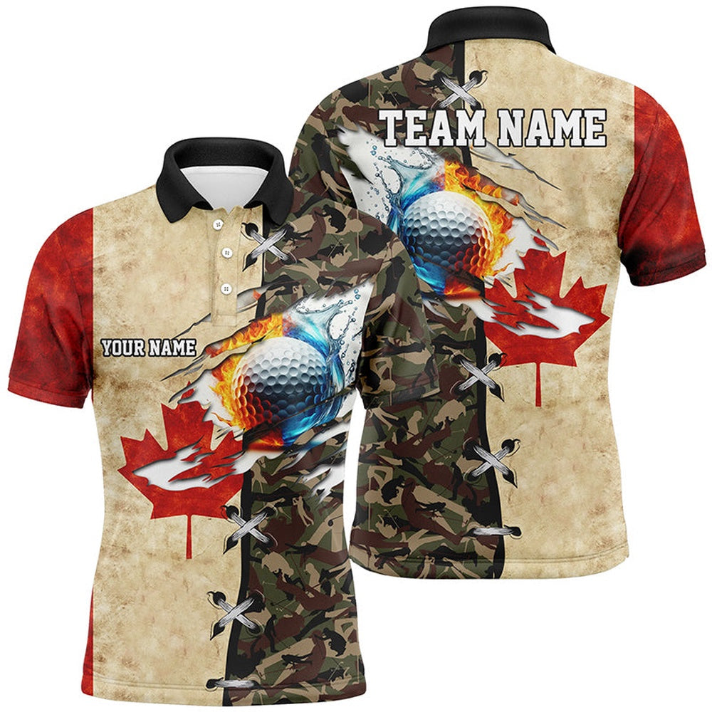 Golf Polo Shirts, Canadian Flag Camo Mens Golf Polo Shirts Custom Fire Water Golf Ball Team Golf Shirts, Custom Golf Shirts