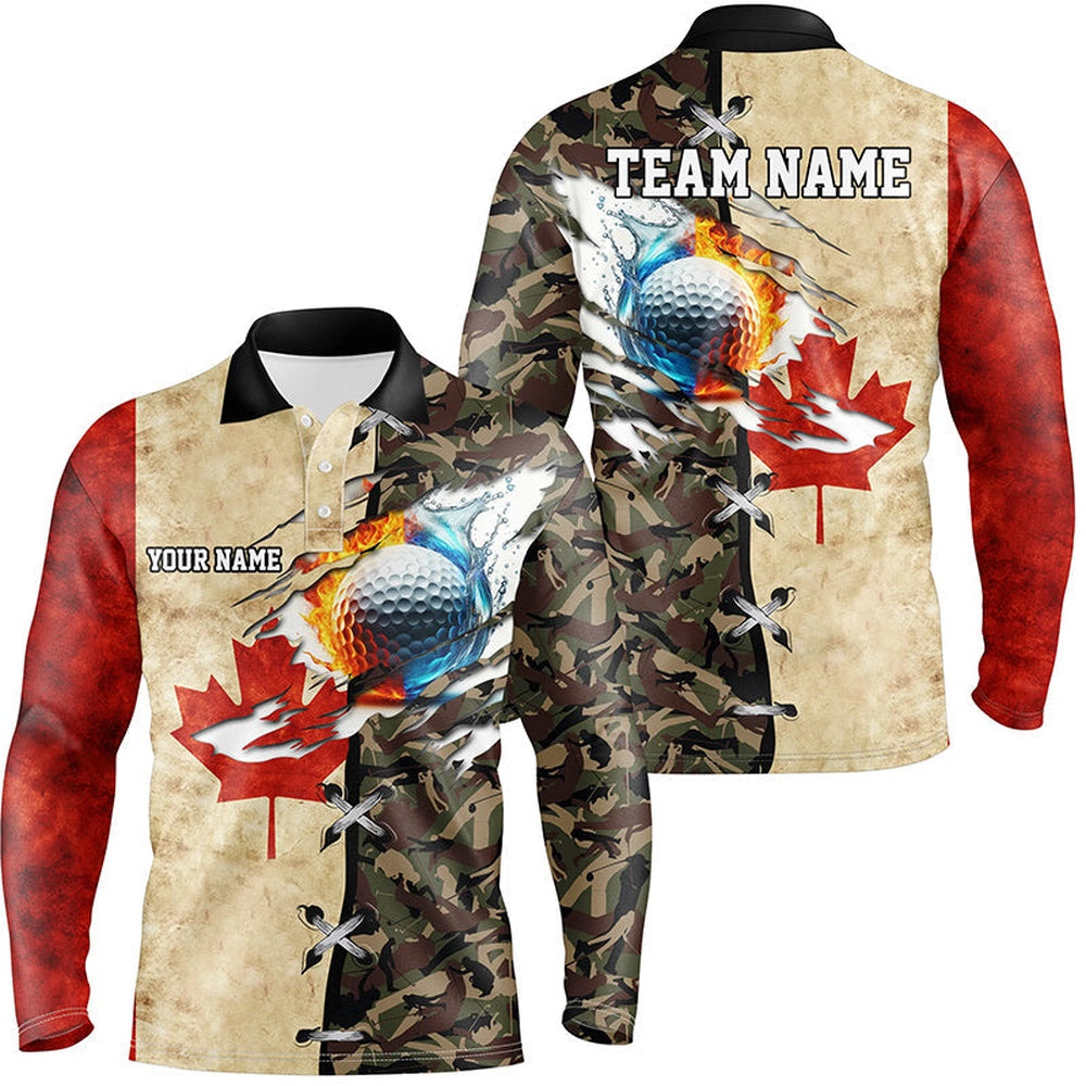 Golf Polo Shirts, Canadian Flag Camo Mens Golf Polo Shirts Custom Fire Water Golf Ball Team Golf Shirts, Custom Golf Shirts