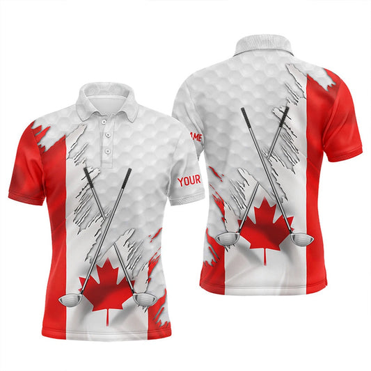 Golf Polo Shirts, Canadian Flag Golf Clubs Patriotic Custom Name White Mens Golf Polo Shirts, Team Mens Golf Tops, Custom Golf Shirts