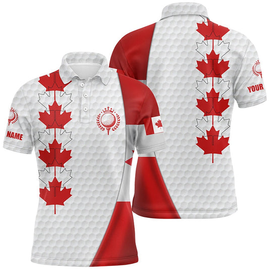 Golf Polo Shirts, Canadian Flag Mens Golf Polo Shirt Custom Maple Leaves Patriotic White Golf Ball Skin Shirt For Men, Custom Golf Shirts