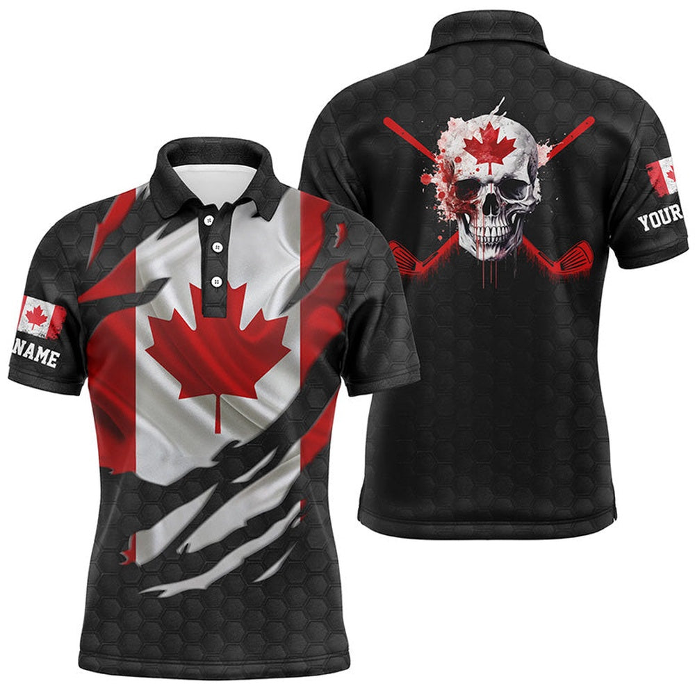 Golf Polo Shirts, Canadian Flag Patriotic Ripped Mens Golf Polo Shirts Skull Golf Shirts For Men Golf Gifts, Custom Golf Shirts