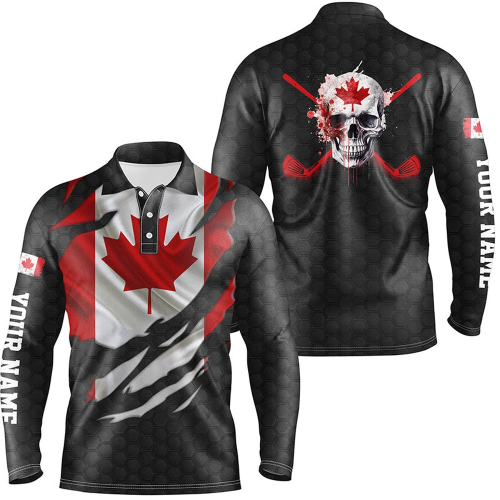Golf Polo Shirts, Canadian Flag Patriotic Ripped Mens Golf Polo Shirts Skull Golf Shirts For Men Golf Gifts, Custom Golf Shirts