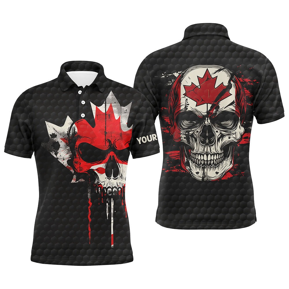 Golf Polo Shirts, Canadian Flag Skull Mens Golf Polo Shirts Custom Black Golf Ball Skin Golf Attire For Men, Custom Golf Shirts