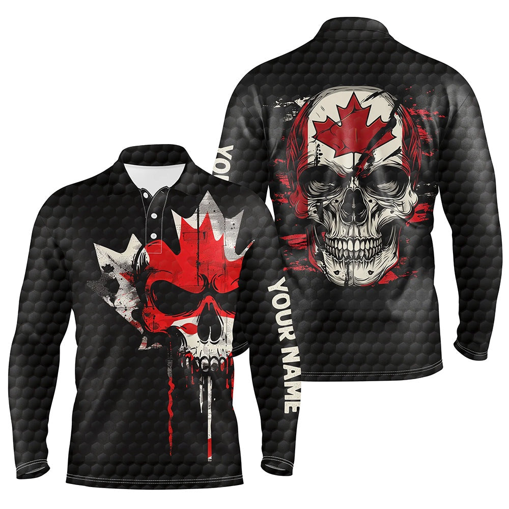 Golf Polo Shirts, Canadian Flag Skull Mens Golf Polo Shirts Custom Black Golf Ball Skin Golf Attire For Men, Custom Golf Shirts
