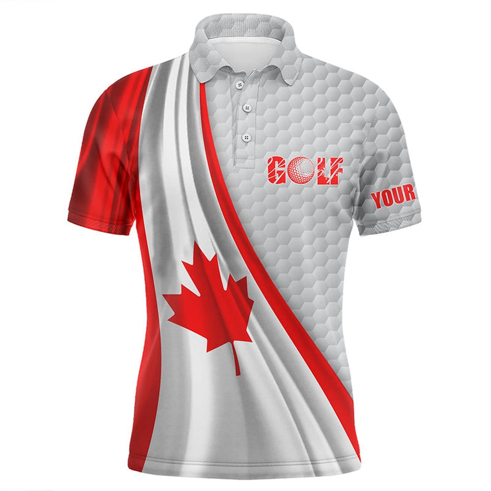Golf Polo Shirts, Canadian Flag White Golf Ball Skin Mens Golf Polo Shirts Custom Name Patriotic Golf Tops For Mens, Custom Golf Shirts