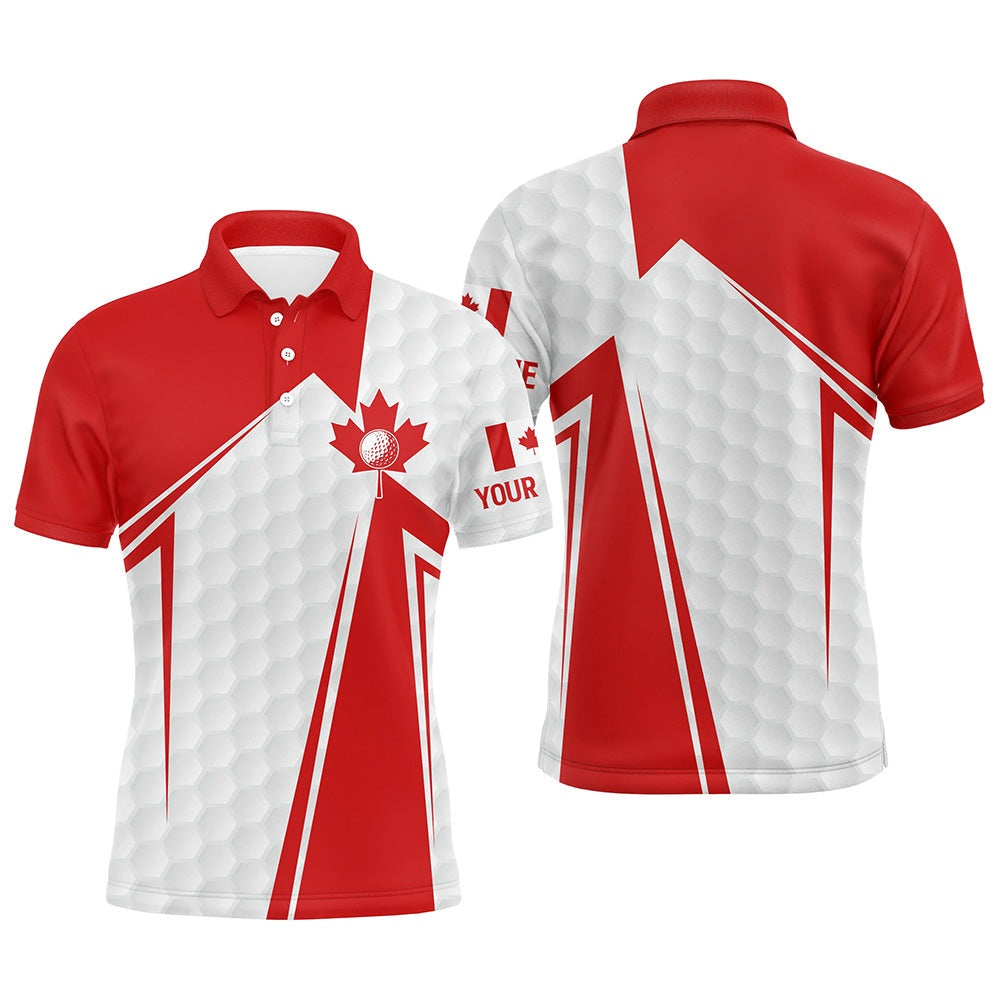 Golf Polo Shirts, Canadian Flag White Golf Ball Skin Mens Golf Polo Shirts Custom Patriotic Mens Golf Clothes, Custom Golf Shirts